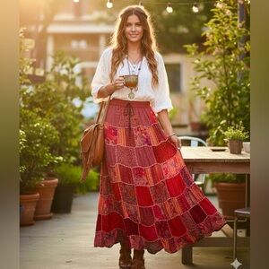 Handmade Red Patchwork Maxi Skirt Size S